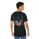 Printify black eco-friendly unisex t-shirt with Chill Out bird graphic on back