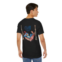 Printify black eco-friendly unisex t-shirt with Chill Out bird graphic on back