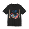 Black Printify eco-friendly unisex t-shirt with cartoon bird relaxing on hammock and Chill Out text