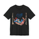 Black Printify eco-friendly unisex t-shirt with cartoon bird relaxing on hammock and Chill Out text