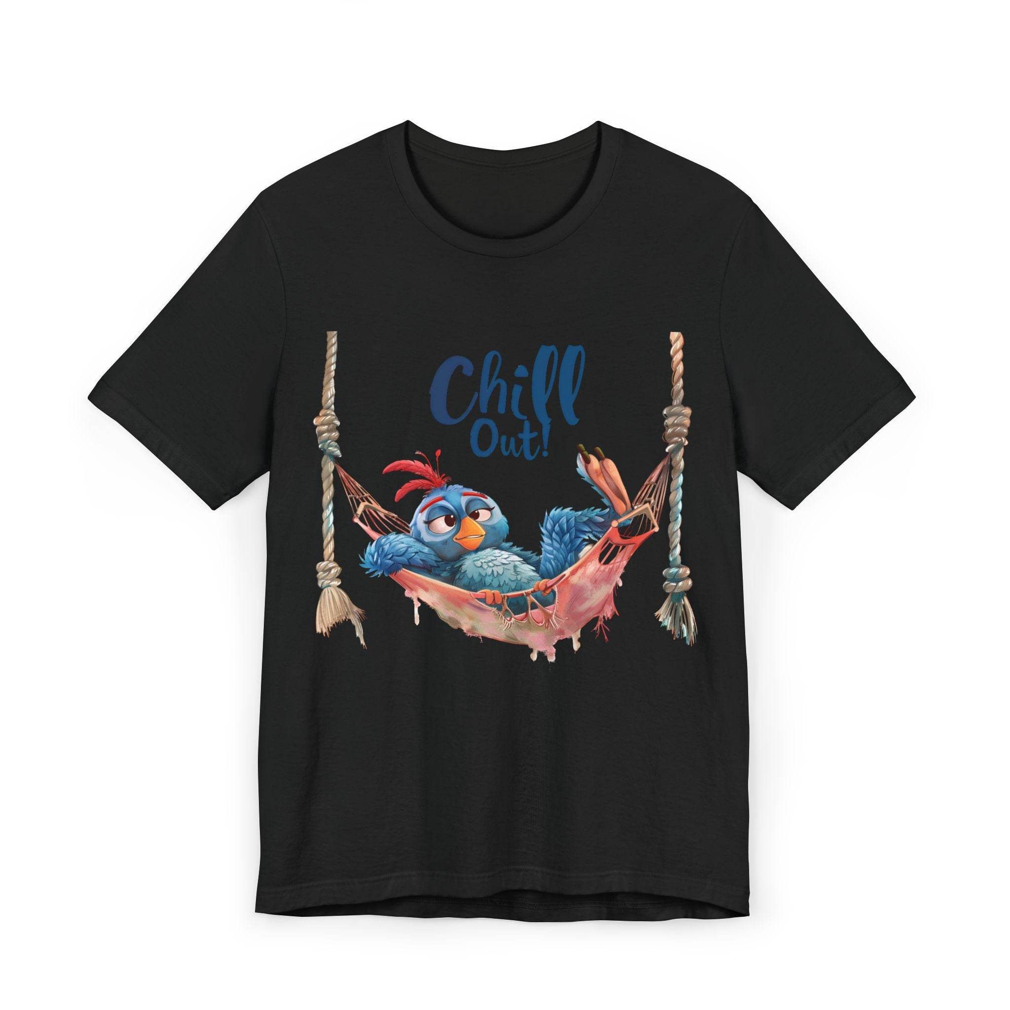 Black Printify eco-friendly unisex t-shirt with cartoon bird relaxing on hammock and Chill Out text
