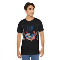 Printify eco-friendly unisex t-shirt in black with Chill Out bird graphic design
