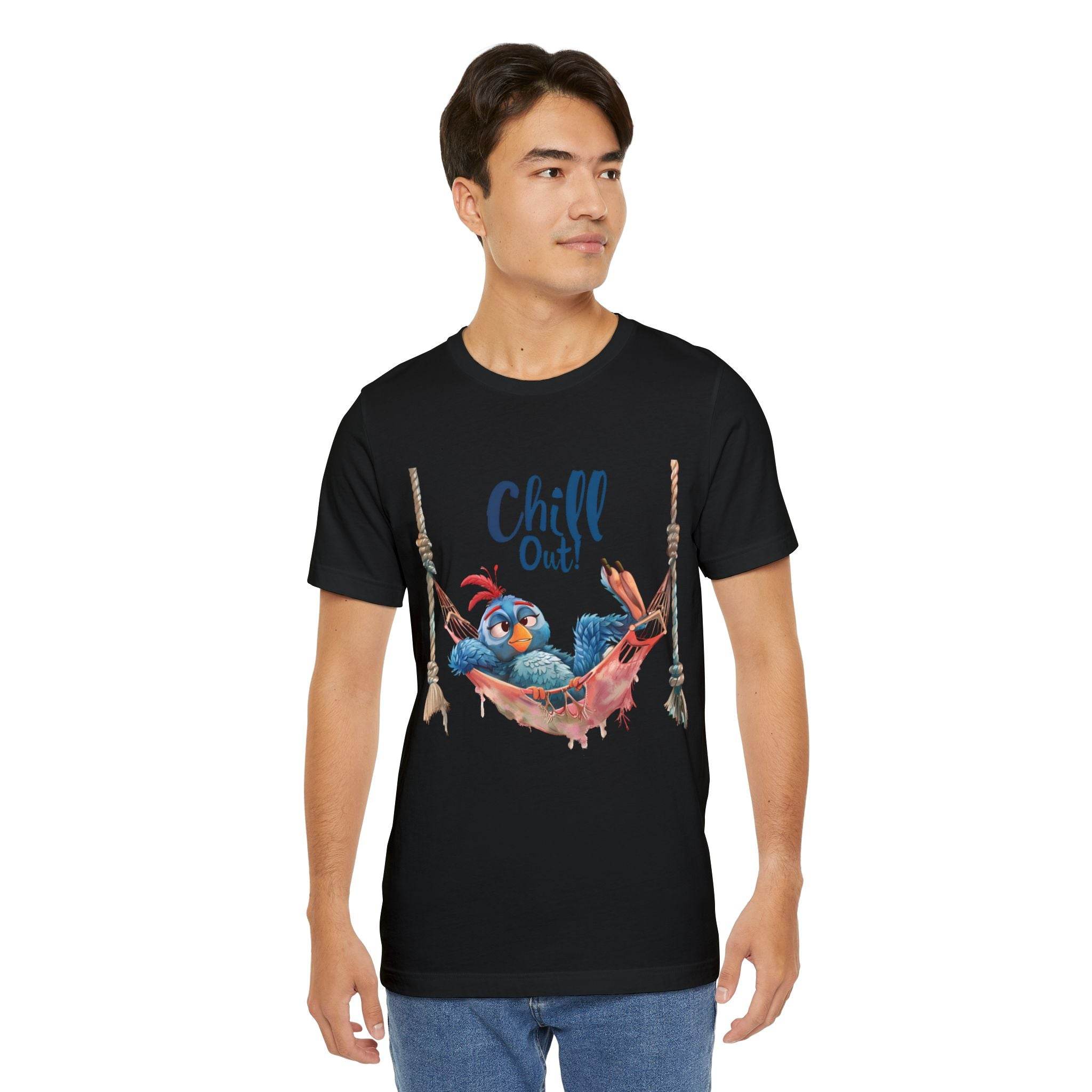 Printify eco-friendly unisex t-shirt in black with Chill Out bird graphic design