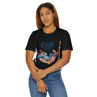 Black eco-friendly unisex t-shirt from Printify with chill out bird graphic and comfortable fit