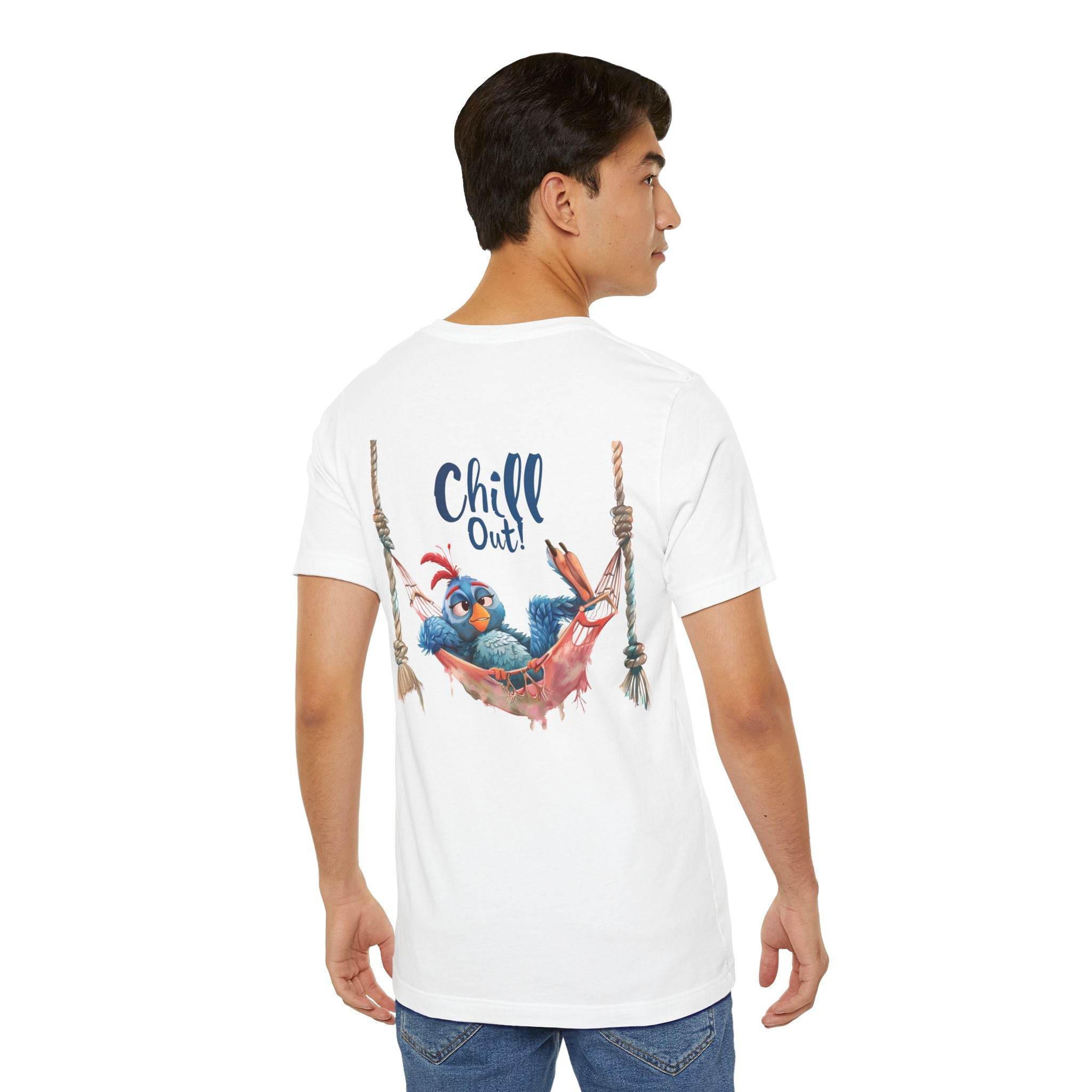 Printify eco-friendly unisex t-shirt with Chill Out graphic and relaxed fit worn by male model
