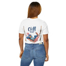 Printify eco-friendly unisex t-shirt white with Chill Out bird graphic on back worn by woman