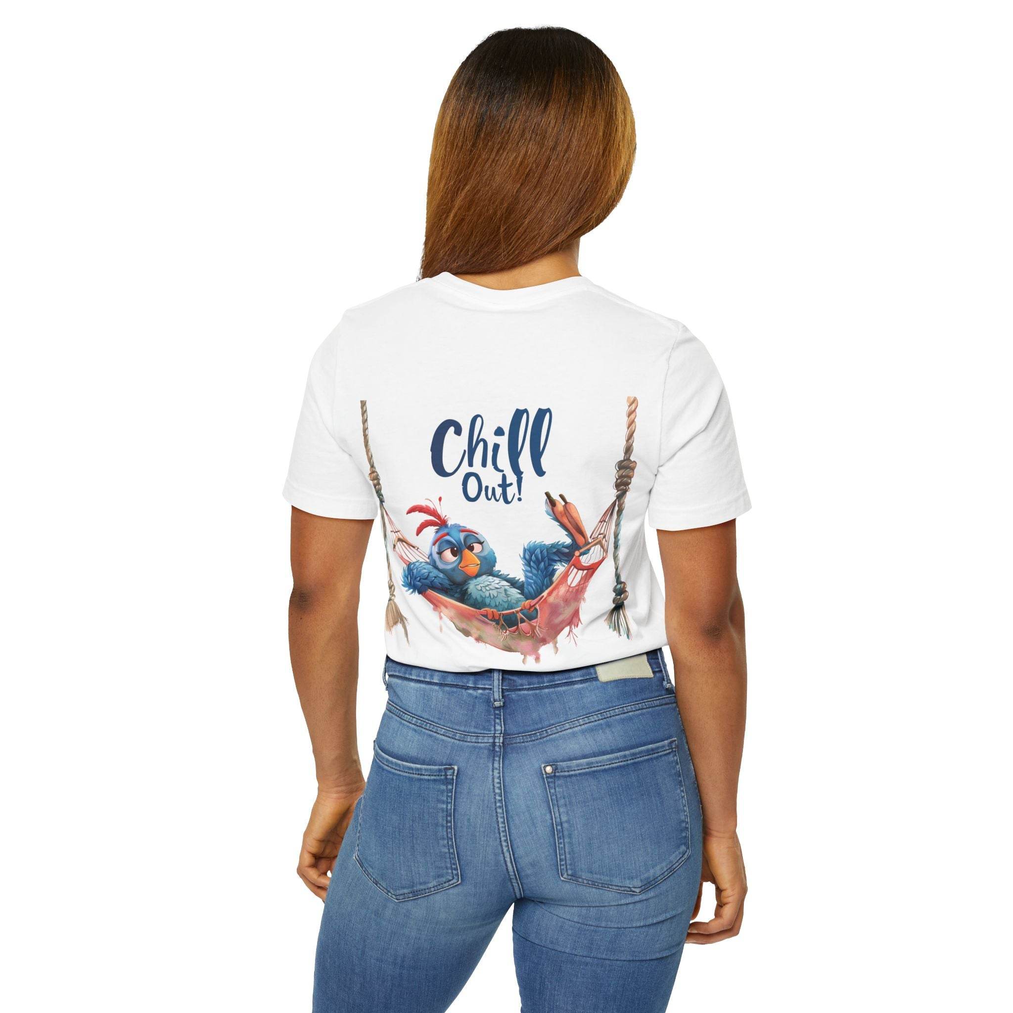 Printify eco-friendly unisex t-shirt white with Chill Out bird graphic on back worn by woman