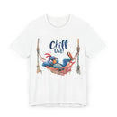 Printify eco-friendly unisex t-shirt featuring a relaxing blue bird in a hammock with Chill Out text