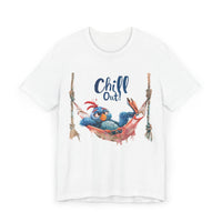 Printify eco-friendly unisex t-shirt featuring a relaxing blue bird in a hammock with Chill Out text