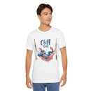 Printify white eco-friendly unisex t-shirt with Chill Out bird hammock graphic worn by man