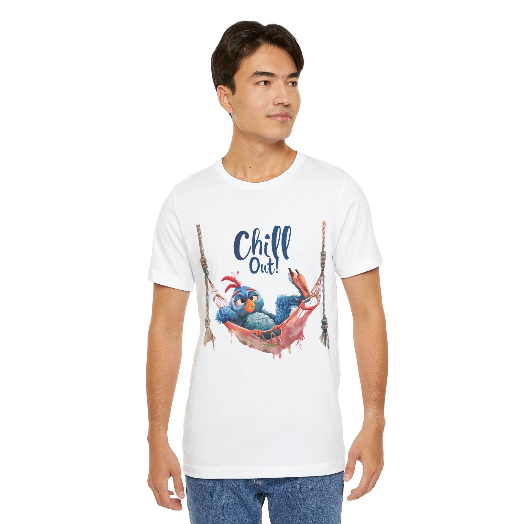 Printify white eco-friendly unisex t-shirt with Chill Out bird hammock graphic worn by man