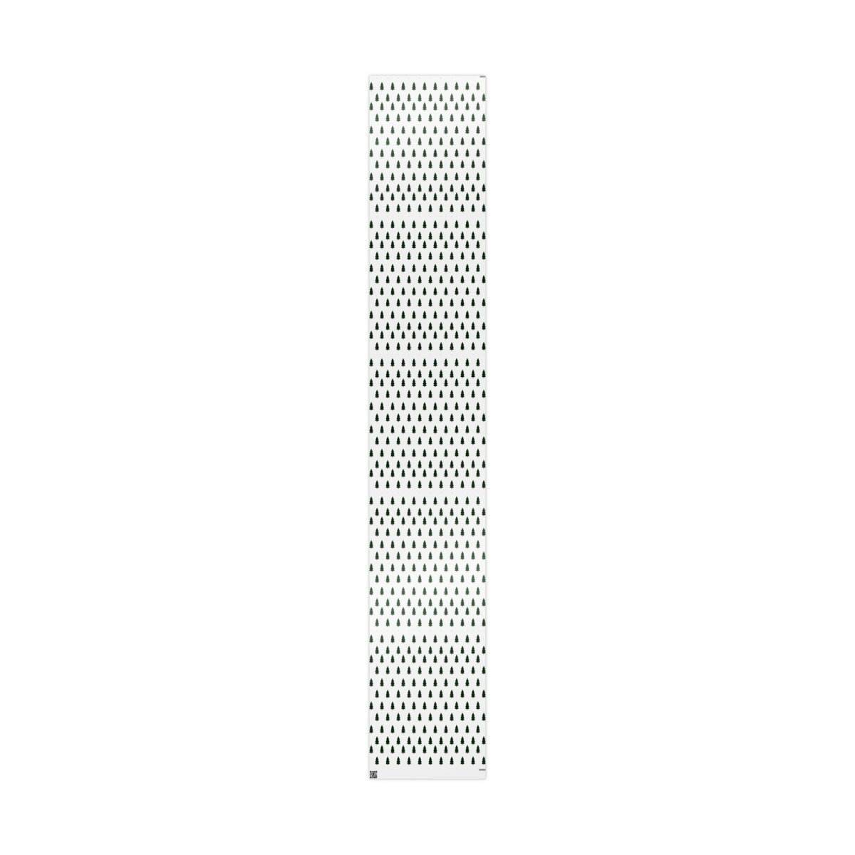 Printify seasonal decorations featuring minimalist Christmas tree wrapping paper with small black tree patterns on white background