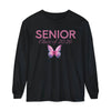 Black long sleeve Printify shirt with large pink SENIOR text script Class of 2026 and butterfly senior class of 2026 shirt