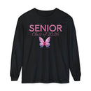 Black long sleeve Printify shirt with large pink SENIOR text script Class of 2026 and butterfly senior class of 2026 shirt