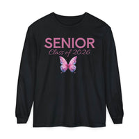 Black long sleeve Printify shirt with large pink SENIOR text script Class of 2026 and butterfly senior class of 2026 shirt