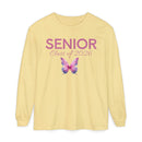 Yellow long sleeve Printify shirt with pink SENIOR Class of 2026 text and watercolor butterfly design senior class of 2026 shirt