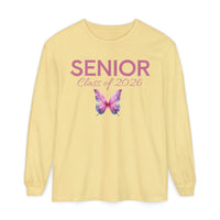 Yellow long sleeve Printify shirt with pink SENIOR Class of 2026 text and watercolor butterfly design senior class of 2026 shirt
