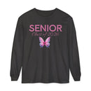 Printify long sleeves senior class of 2026 shirt black with pink SENIOR text and galaxy butterfly graphic