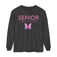 Printify long sleeves senior class of 2026 shirt black with pink SENIOR text and galaxy butterfly graphic
