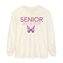 Cream long sleeve shirt with pink SENIOR Class of 2026 text and watercolor butterfly graphic senior class of 2026 shirt