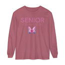 Printify long sleeve mauve shirt with pink and purple glitter butterfly and SENIOR Class of 2026 text senior class of 2026 shirt