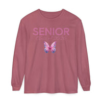 Printify long sleeve mauve shirt with pink and purple glitter butterfly and SENIOR Class of 2026 text senior class of 2026 shirt