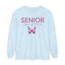 Light blue long-sleeve senior class of 2026 shirt with pink SENIOR text and pink purple watercolor butterfly