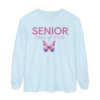 Light blue long-sleeve senior class of 2026 shirt with pink SENIOR text and pink purple watercolor butterfly