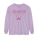Lavender long sleeve with pink SENIOR lettering script Class of 2026 and butterfly design senior class of 2026 shirt