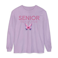 Lavender long sleeve with pink SENIOR lettering script Class of 2026 and butterfly design senior class of 2026 shirt