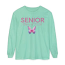 Mint long sleeve tee with pink SENIOR text script Class of 2026 and purple butterfly senior class of 2026 shirt