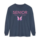Navy long sleeve senior class of 2026 shirt with pink SENIOR text and floral watercolor butterfly design