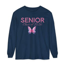 Printify navy long sleeve shirt with pink butterfly and script senior class of 2026 shirt design