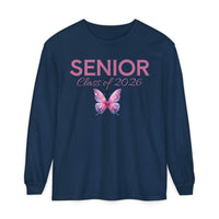 Printify navy long sleeve shirt with pink butterfly and script senior class of 2026 shirt design