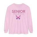 Printify pink long sleeve shirt with SENIOR Class of 2026 text and butterfly graphic senior class of 2026 shirt