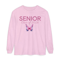 Printify pink long sleeve shirt with SENIOR Class of 2026 text and butterfly graphic senior class of 2026 shirt