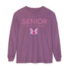 Mauve long sleeve shirt with large SENIOR Class of 2026 script and pink butterfly graphic senior class of 2026 shirt