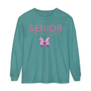 Printify teal long sleeve shirt with pink SENIOR and Class of 2026 script above butterfly graphic senior class of 2026 shirt