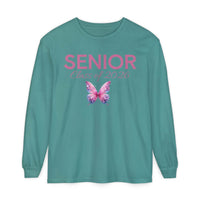 Printify teal long sleeve shirt with pink SENIOR and Class of 2026 script above butterfly graphic senior class of 2026 shirt