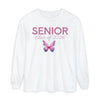 White Printify long sleeves with pink SENIOR Class of 2026 text and watercolor butterfly graphic senior class of 2026 shirt