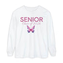 White Printify long sleeves with pink SENIOR Class of 2026 text and watercolor butterfly graphic senior class of 2026 shirt