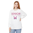 Printify long sleeve white senior class of 2026 shirt with pink text and galaxy butterfly graphic