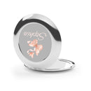 Round silver personalized compact travel mirror with floral design and custom name on lid