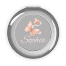 Printify personalized compact travel mirror round silver case gray center pink butterflies and Sophia name in script