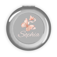 Printify personalized compact travel mirror round silver case gray center pink butterflies and Sophia name in script