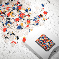 Colorful eco puzzle by Printify with scattered multicolored pieces and packaging on a white surface