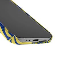 Printify sustainable slim phone cover with blue and yellow abstract design on smartphone