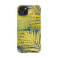 Printify sustainable slim phone cover with yellow and green tropical leaf design for iPhone