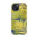 Printify sustainable slim phone cover with yellow tropical leaf design on blue background