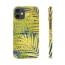 Printify sustainable slim phone cover with yellow and green tropical leaf pattern for iPhone